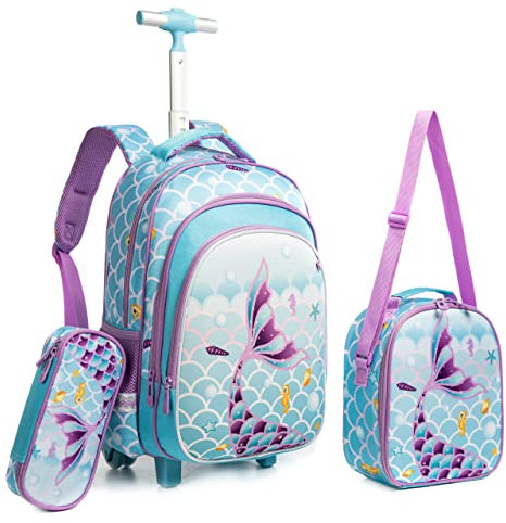 HTgroce Trolley Rucksack mit Rollen Schulranzen mit Rollen für Mädchen 16inch Meerjungfrau Schulranzen Mädchen Trolley Schultasch 3 in 1 Inklusive Lunchpaket und Federmäppchen.
