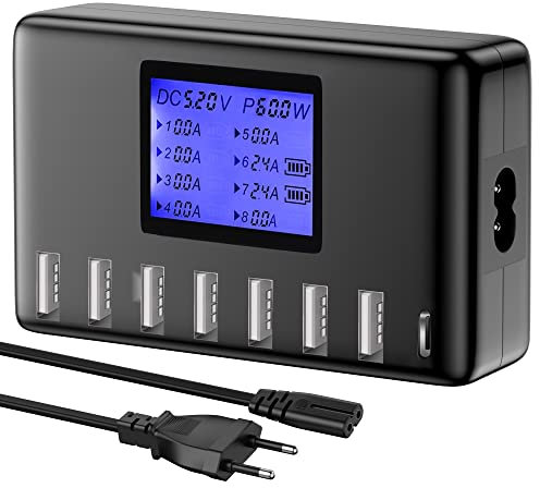 USB Ladegerät, 60W 8 Ports USB Ladestation 12A USB C mit LCD Display für mehrere Geräte, USB C Hub für iPhone iPad Android Samsung Huawei Tablet Kindle