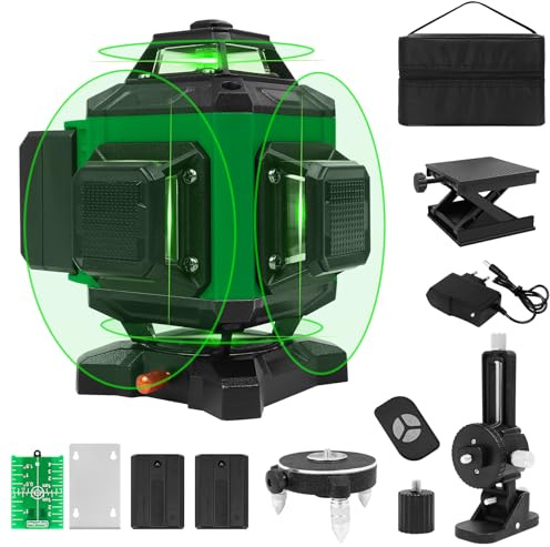 Niveau laser 4 x 360°,16 Lignes 4D Autonivelant Niveau Laser Chantier,Croix Vert laser chantier,IP54,Horizontal/Vertical 360° with Télécommande & Étui de Transport,Batterie Rechargeable 2 * 2400 mAh