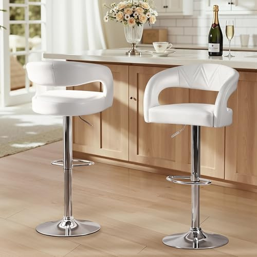 VECELO Bar Stools Set of 2 Swivel Adjustable Modern Pu Leather Barstools, Counter Bar Stools with Back and Arms, for Kitchen (White)