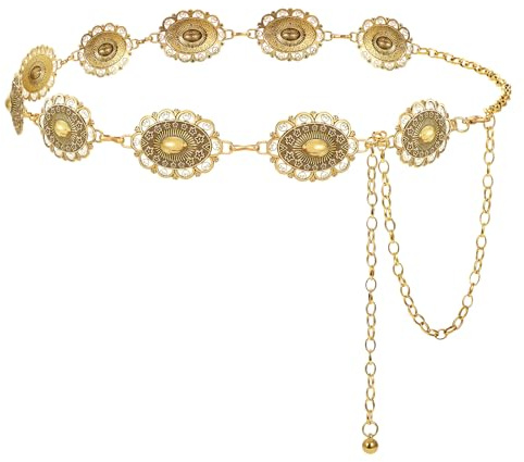 LEACOOLKEY Western Concho Belt for Women Cowgirl Boho Waist Chain Belt for Dresses Jeans Pants Gold