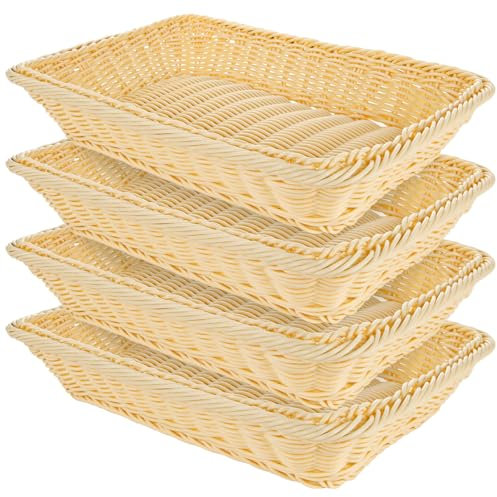 4 Pièces Corbeille a Pain en Poly Osier 35 x 25 x 7cm Panier a Pain,rectangulaires en osier pain fruits légumes paniers, panier de service alimentaire, Corbeille a Fruit Osier pour restaurant boutique