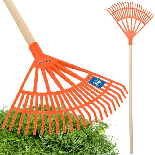 KOTARBAU® Râteau éventail 37 x 44 cm |Ramasse-feuilles |Rateau A Feuille Orange |Rateau Feuilles Jardin |Balai A Gazon |Rateau A Gazon |Balai A Feuilles |Râteau à Feuilles |Balai à Gazon avec tige