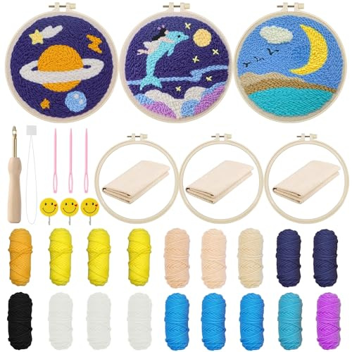 Allazone 3 st Punch Needle Startkit Broderisats, Komplett Broderikit med mönster och Lstruation, Broderiset för nybörjare och vuxna (planet, delfin, måne)
