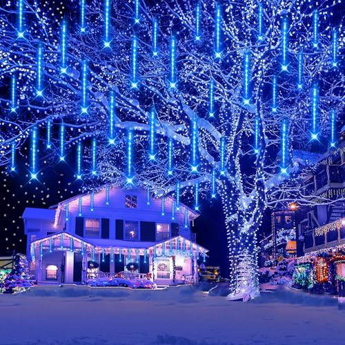 Decoración Navideña al Aire Libre, 20 Tubos (Equivalente a 2 juegos de 10 tubos) Luces de Hadas de Lluvia de Meteoritos, Luces de Hadas Impermeables para Patio de Arboles de Halloween de Navidad,Azul