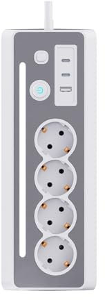 CILIA Ciabatta Elettrica Angolare 90° con 4 Prese Schuko,2 Type-C +1 USB, Protezione Sovratensioni, Luce LED, Interruttore On/Off, 3680W 16A, Cavo 1.5m, Interruttore On/Off, per Cucina Ufficio Casa