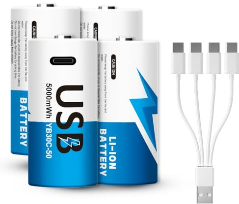 YUEBVIWIE Rechargeable C Batteries 4 Pack, 5000mWh 1.5V Lithium C Cell Batteries with USB-C 4-in-1 Charging Cable, 1500+ Cycles, LR14 Long-Lasting Batteries for Flashlights, Toys, Radios