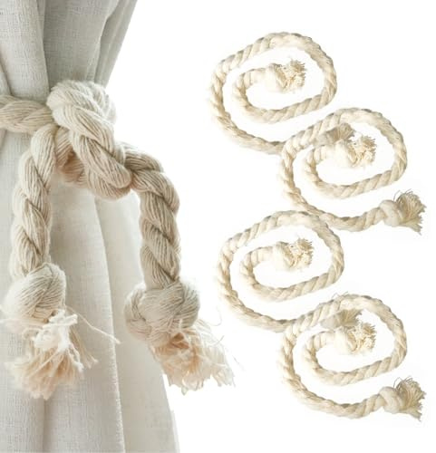 leruiyezs 4 Piezas alzapaños Cortinas de Cuerda de algodón Trenzados a Mano, Sujetadores Decorativos para Cortinas, travesaños de Cuerda para Cortinas, Beige para salón y Dormitorio
