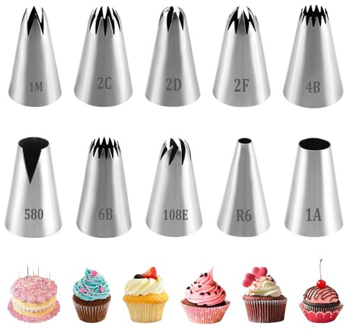 10pcs Beccucci Sac à Poche Grandi Inox, Bocchette Pasticceria Acciaio Inossidabile, Ugelli Decorazione per Torte Cupcake Biscotti Churros – 1A 1M 2D 2F 580 R6 108E 6B 4B 2C