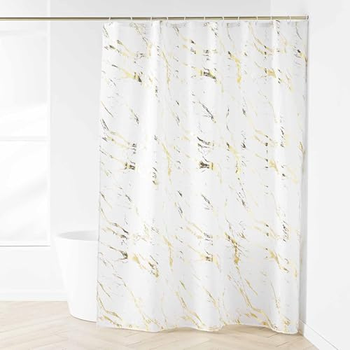 Douceur d'Intérieur, Tenda da doccia con ganci (180 x 200 cm) Aquamarbre Bianco/Oro, Poliestere con stampa metallizzata