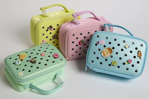 Portamerenda Termico per Bambini con Fori, Design con Charm, CON FORI E 12 CLIP Clip Decorative (Verde)