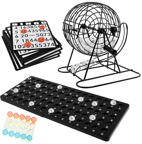 CBWERBB Bingo Game Black Metal Drum Bingo Machine Set Include 18 Paper Tickets 75 Balls 150 Chips Game Board 2 Ball Tray for Events Parties