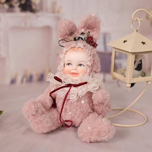 Cloveray 8 Inch Rabbit Hand-Painted Porcelain Face Doll with Plush ＆ Acrylic Cotton Body, Mini Cute High-Color Makeup Ceramic Doll for Room Decor, Birthday Gifts, Collectible