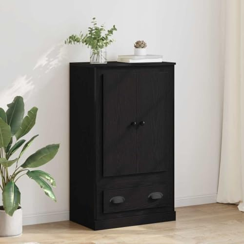Hoopleep Modern Black Oak Highboard Cabinet, 60 x 35.5 x 103.5 cm Engineered Wood Storage Buffet with 2 Doors, Smooth Drawers, Built-in Shelves for Living Room, Dining Room Furniture