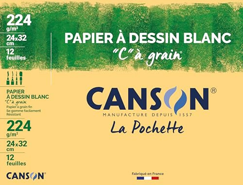 CANSON C à Grain - Pochette 12 feuilles de papier dessin blanc 24 x 32 cm - 224g/m²
