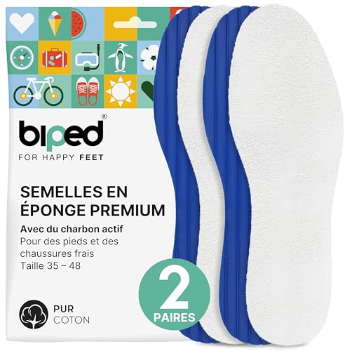 biped 2 paires de semelles pieds nus – coton éponge doux et mousse de latex au charbon actif – lavables, anti-odeurs, pour une fraîcheur hygiénique dans les chaussures z2770(35)