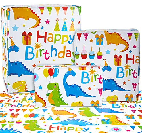 6 hojas de papel de regalo de dinosaurios de dibujos animados para niños, papel de regalo de cumpleaños para niños, rollos de papel de regalo de diseño lindo 70 x 50 cm, hoja de regalo de dinosaurio