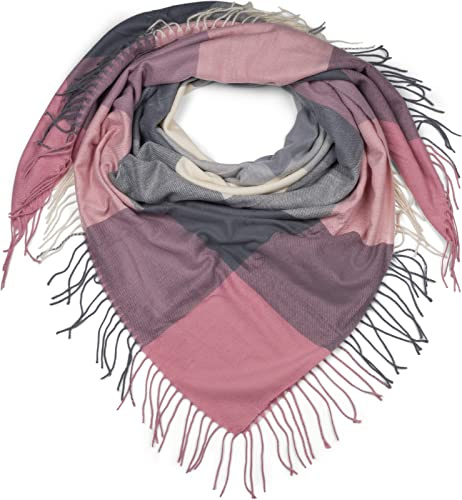 styleBREAKER Sciarpa da donna XXL quadrata con motivo principe di Galles e frange lunghe, sciarpa invernale, stola, foulard 01017116, colore:Rosa-grigio-crema