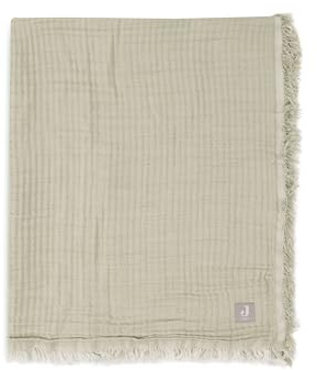 Jollein Decke Kinderbett Fringe Olive Green/Ivory - 120x120cm - 100% Bio Baumwolle - Fürs Kinderbett - Musselindecke - 0.5 TOG - GOTS Zertifiziert - Elfenbeinfarben/Olivgrün