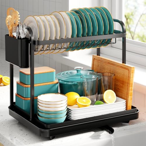 Kitsure Dish Drainer Rack - Space-Saving Dish Drainer, Dish Racks for Kitchen Counter, Stainless Steel Kitchen Drying Rack with a Cutlery Holder, 2-Tiers, Black
