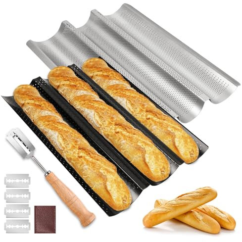 BORDEAG Moule À Baguette, 2 Pièces Moules À Baguettes pour 3 Baguettes Avec Couteau de Boulanger, Plaque de Cuisson Antiadhésive, Moule Pain Accessoire pour Cuisson De Pain, 38x24cm