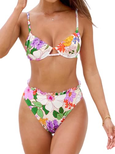 CUPSHE Women Swimsuit Bikini Set High Waisted Push Up Cheeky Drawstring Two Piece Bathing Suit, M