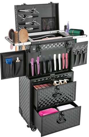 BRRIDE Valise cosmétique à roulettes 4 en 1 avec tiroir, grande valise de maquillage, verrouillable, autoportant, chariot de coiffure, avec roulettes et serrures à combinaison (motif losanges)