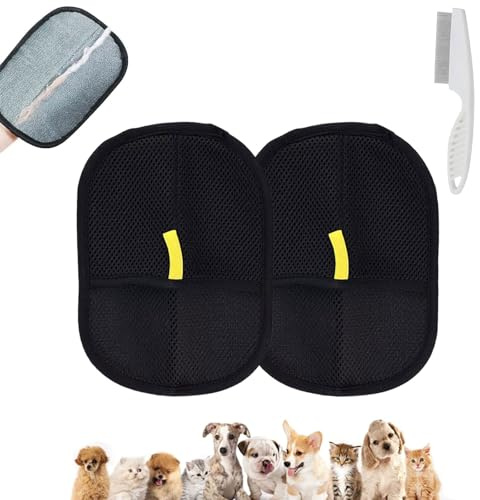 2 Gant de Retraite de Poils Animaux,Gants Réutilisables à Fibres Électrostatiques,Système de Capture des Poils, Massage Doux,Pour Canapé, Voiture & Maison (2 Gants + Peigne à puces)