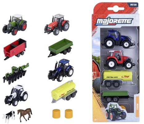Majorette Auto-Set Farm (5 Teile) - Traktor-Spielzeug aus Metall mit Anhänger, Zubehör & beweglichen Teilen, zufällige Auswahl aus 2 Bauernhof-Sets für Kinder ab 3 Jahre, je ca. 7,5 cm
