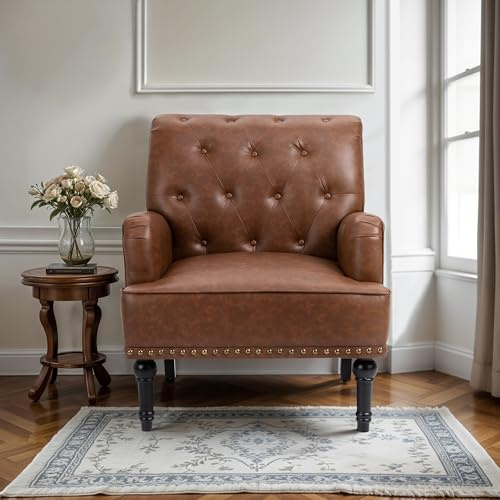 Fiximaster Loungesessel Ohrensessel aus PU Leder, klassischer Polstersessel mit Armlehnen & Holzbeinen, eleganter Einzelsofa Sessel für Wohnzimmer, bis 150 kg belastbar (Braun)