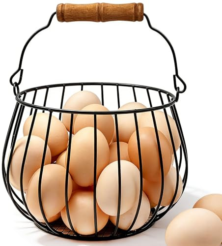 Farmhouse Egg Basket for Gathering Fresh Eggs - 24 Egg Capacity Wire Basket with Wood Handle, Chicken Coop to Kitchen Counter Organizer for Potatoes, Onions & More