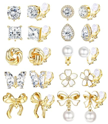 XFSRG 10 Paires Boucle D'oreille Clip Femme Boucles d'Oreilles à Clip Non Percées Hypoallergénique avec Zircone Perles Fleurs Et Papillons Filles Falsche Ohrringe Set (Or)