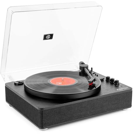 Fenton RP162B – Tocadiscos de Vinilo Vintage Bluetooth in/out, grabación USB MP3, Altavoces estéreo Integrados, 33/45 RPM, Salida RCA y Auriculares, tracción por Correa, Tapa Antipolvo, Color Negro