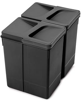 Emuca - Contenitori per la raccolta differenziata per cassetti da cucina, H 266 mm (2 x 7 L), Plastica nera