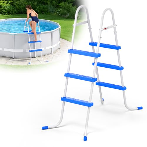 Échelle de piscine à cadre en acier robuste pour piscines hors sol, escalier de piscine double face à 3 marches pour piscines de 91,4 cm de hauteur, capacité de 204,1 kg avec pieds en caoutchouc