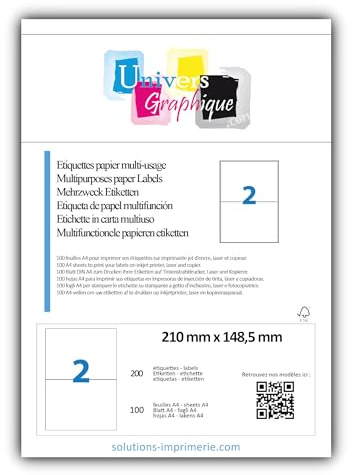 200 étiquettes 210 x 148.5 mm - soit 100 feuilles A4- planche A4 avec 2 étiquettes autocollantes DE Réf UNIVERS GRAPHIQUE UGCMO1-100