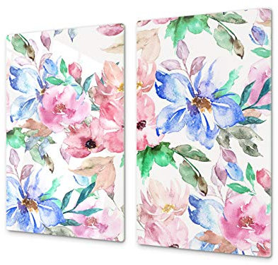 Couvre-cuisinière à induction – Planche de cuisine en verre trempé – Couvre-plaques de cuisson – UNE PIÈCE (60x52 cm) ou DEUX PIÈCES (30x52 cm chacune); D15 Série Dessins: Fleur 25