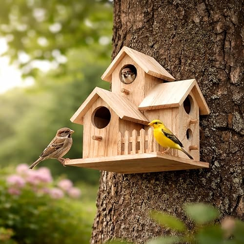 Garden Mile Traditional Wooden Bird House with 3 Doors - Decorative Predator Proof Nesting Box for Wild Birds and Garden