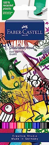 Faber-Castell 164525 - Goldfaber Aqua Dual Marker, Graffiti, mit Pinselspitze und Fineliner Spitze, 6er Etui