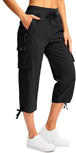 Soothfeel Women's Cargo Capris Pants with 6 Pockets Lightweight Quick Dry Travel Hiking Summer Pants for Women Casual (Black, XL)