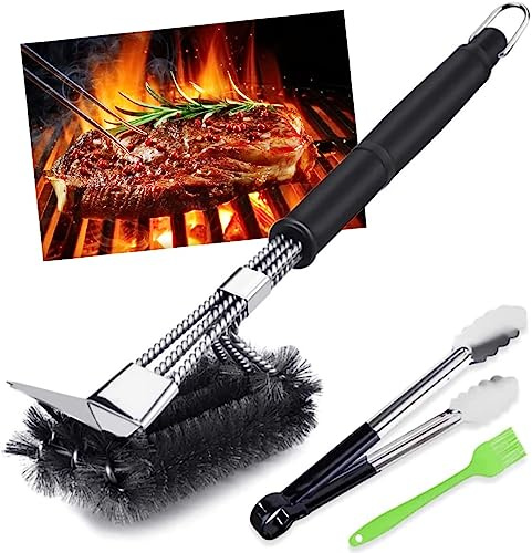 Spazzola Barbecue, VDISRR Spazzola Per Griglia con Raschietto, avec 1 Pince à Gril et 1 Brosse à Pâtisserie, Accessori Barbecue Weber per Pulizia Barbecue