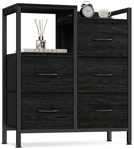 Furnulem 5 Drawer Black Dressers for Bedroom 2 Tier Shelf Storage Small Fabric Dresser for Closet Sturdy Metal Frame Modern Style Storage Cabinets Organization Units for Hallway Rooms