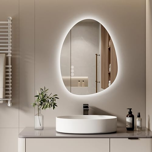 S'AFIELINA Miroir LED de Salle de Bain 75 x 55 cm, Design Asymétrique, Interrupteur Tactile, Miroir de Salle de Bain avec éclairage, 3 Couleurs de Lumière, Luminosité Réglables, Fonction Anti-Buée