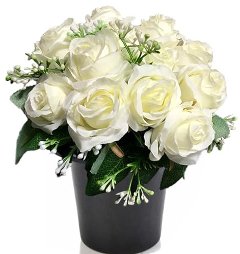 Etomvoop Fiori artificiali in vaso, 12 rose artificiali per funerale, decorazione natalizia per cimitero commemorativo
