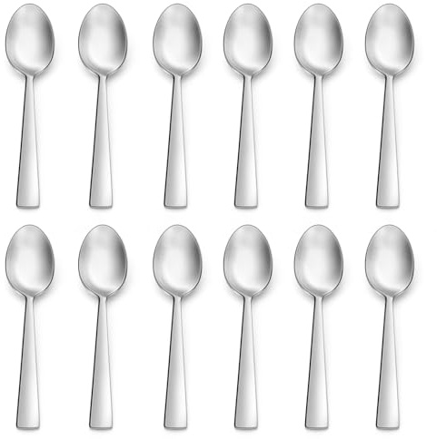 Dessert Spoons, HaWare 12 Piece Stainless Steel Coffee Teaspoons Set, Small Metal Cake Spoons for Home, Restaurant, Kitchen, Matt Silver & Square Edge, Dishwasher Safe (13.5cm)
