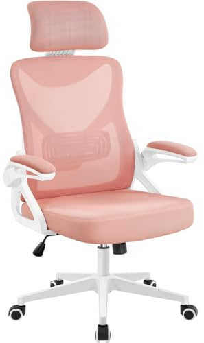 Yaheetech Silla de Oficina Ergonomica con Soporte Lumbar Silla Escritorio Reposabrazo Reposacabeza Ajustable Base Giratoria de 70 cm Transpirable Capacidad MAX 150KG Rosa