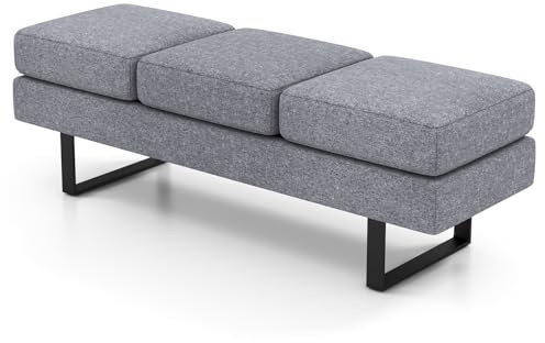 COSTWAY Waiting Room Bench Seating, 3-seater Long Salon Reception Benches Office Chair with Metal Frame Leg, Upholstered Conference Room Ottoman Bench Seat for Entryway Living Rooms (Gray)