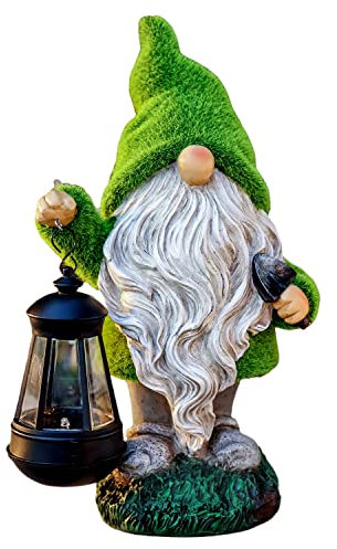 TERESA'S COLLECTIONS Christmas Outdoor Statue for Home, Resin Gnome Decorations with Solar Outdoor Lights for Garden Decor,Green Garden Sculptures & Statues for Front Patio Lawn, Gifts for Mom,12