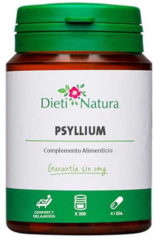 Dieti Natura Psyllium - 200 Cápsulas de Psyllium para Regular el Tránsito y Mejorar la Movilidad Intestinal - Rico en Fibras - Semillas de Ispaghul o Plátano de la India - Garantía sin OMG
