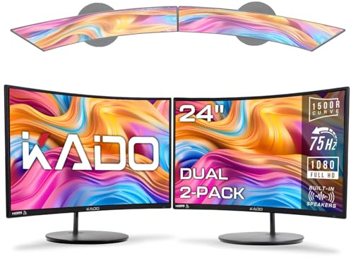 Kado Dual Monitor Setup - 2-Pack 24 Curved 1920x1080 Computer Monitor 1500R 75Hz VESA Mount HDMI Office Gaming Hybrid Built-in Speakers (C24X Dual Series)